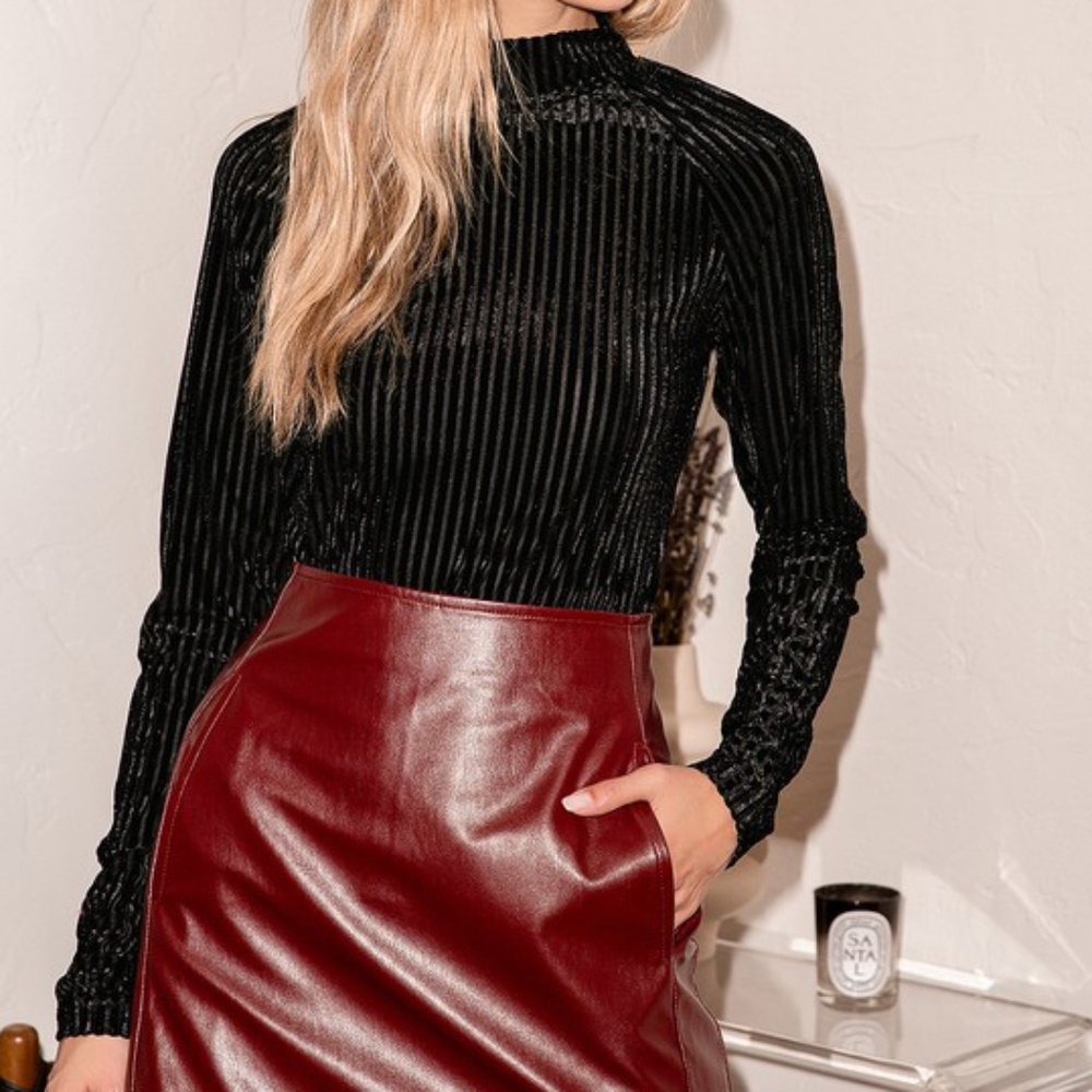 Lulus Black Velvet Striped Long Sleeve Bodysuit - Size S